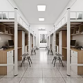 Spacious Dormitory Interior With Bunk Beds Desks Chairs Tile Floor And Ceiling Lights