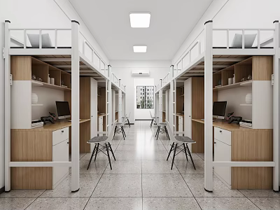 Spacious Dormitory Interior With Bunk Beds Desks Chairs Tile Floor And Ceiling Lights 3d model