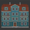 Multi Story Residential Building With Blue Exterior Red Roof Balconies Red Door Lawn And Steps
