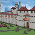 Ancient Architecture With Red Roofs Stone Walls Flags And Soldiers In Formation