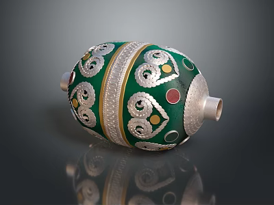 Green And Silver Decorative Container With Ornate Curved Patterns And Colorful Dots 3d model