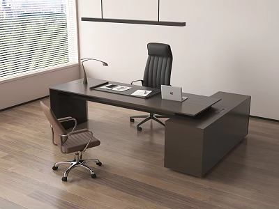 Modern Office Desk With Laptop Documents Black Executive Chair Wooden Floor And Window 3d model