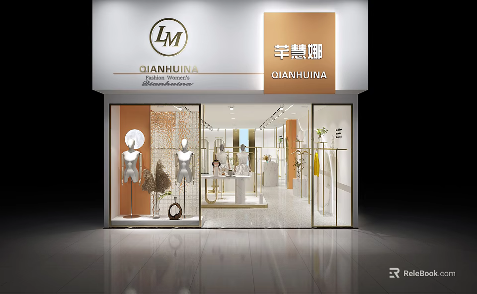 Modern Clothing Store Exterior With Elegant Window Display Mannequins And Decorative Elements 3d model 