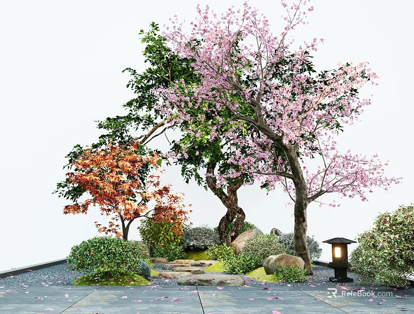 Garden Plant Combination With Cherry Blossom Green Orange Trees Bushes Stones Steps And Lantern 3d model 