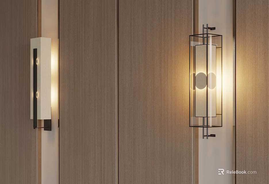 Modern Wall Sconces On Wooden Panel With Minimalist Glass Design And Warm Lighting 3d model 