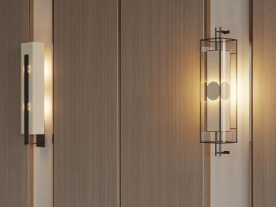 Modern Wall Sconces On Wooden Panel With Minimalist Glass Design And Warm Lighting 3d model
