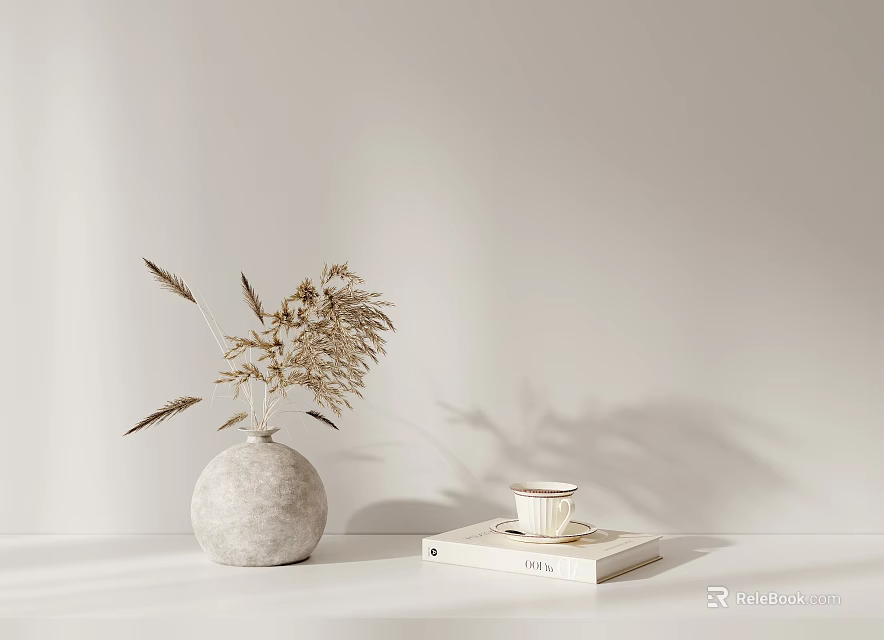 Minimalist Bonsai Plant in Gray Vase With Dried Grass And White Tabletop 3d model 