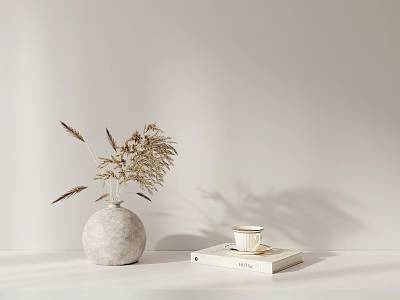 Minimalist Bonsai Plant in Gray Vase With Dried Grass And White Tabletop 3d model