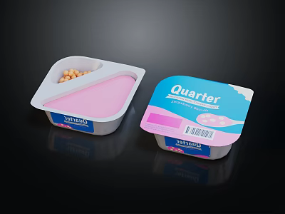 Quarter Label Food Containers With Pink Blue White Design And Small Food Pieces 3d model