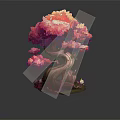 Vibrant Cartoon Tree Scene With Pink And Orange Leaves Twisted Trunk Grass And White Flowers