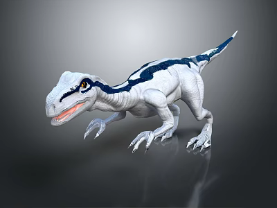 Realistic White Blue Striped Velociraptor With Sharp Claws And Open Mouth 3d model