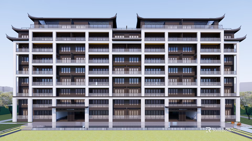 Modern Traditional Residential Building Featuring Symmetrical Design Multiple Balconies And Traditional Roof 3d model 