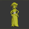 Vibrant Fantasy Character With Ornamental Floral Feathered Headdress And Green Yellow Purple Skirt Outfit