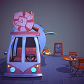 Pink And Blue Candy Food Truck With Sign Various Candies Tables Chairs And Chalkboard Menu