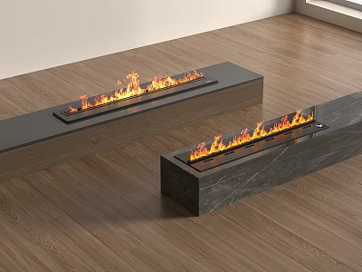 Modern Interior Fireplaces With Burning Flames In Wooden And Marble Bases 3d model