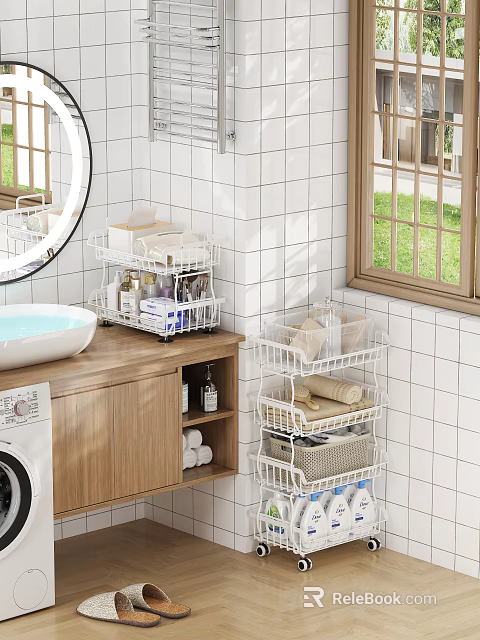 Bathroom Set With White Tiled Walls Round Mirror Wooden Vanity Laundry Machine And Metal Racks 3d model 