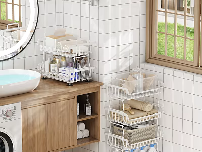Bathroom Set With White Tiled Walls Round Mirror Wooden Vanity Laundry Machine And Metal Racks 3d model