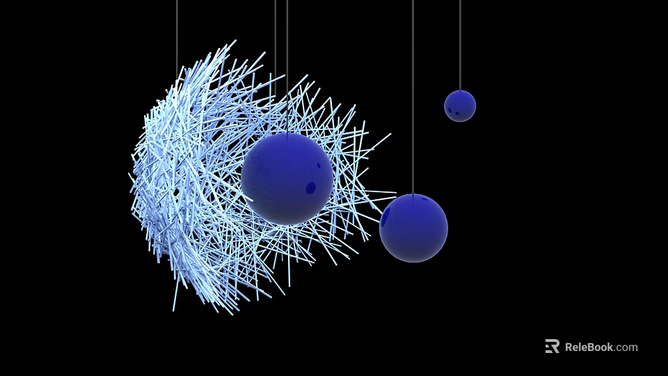 White Mesh Structure Pendant Decor With Blue Spheres Hanging With Thin Strings On Black Background 3d model 