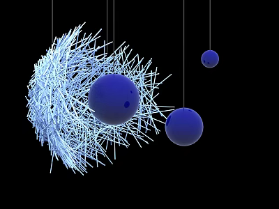 White Mesh Structure Pendant Decor With Blue Spheres Hanging With Thin Strings On Black Background 3d model