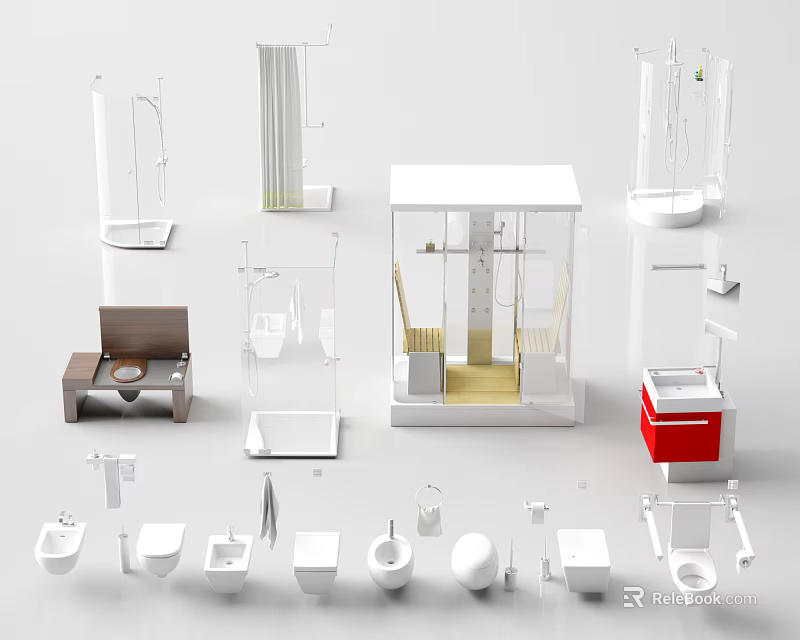 Complete Modern Bathroom Combos With Toilet Washbasin Shower Bathtub Towel Racks And Storage Cabinets 3d model 