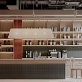 Modern Café Interior Design With Counter Coffee Machine Shelves Pendant Light And Seating