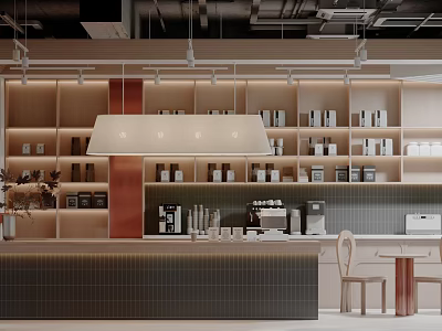 Modern Café Interior Design With Counter Coffee Machine Shelves Pendant Light And Seating 3d model