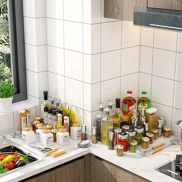 Organized Spice Bottles And Condiment Containers On Kitchen Counter With White Tile Wall 3d model 