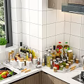 Organized Spice Bottles And Condiment Containers On Kitchen Counter With White Tile Wall