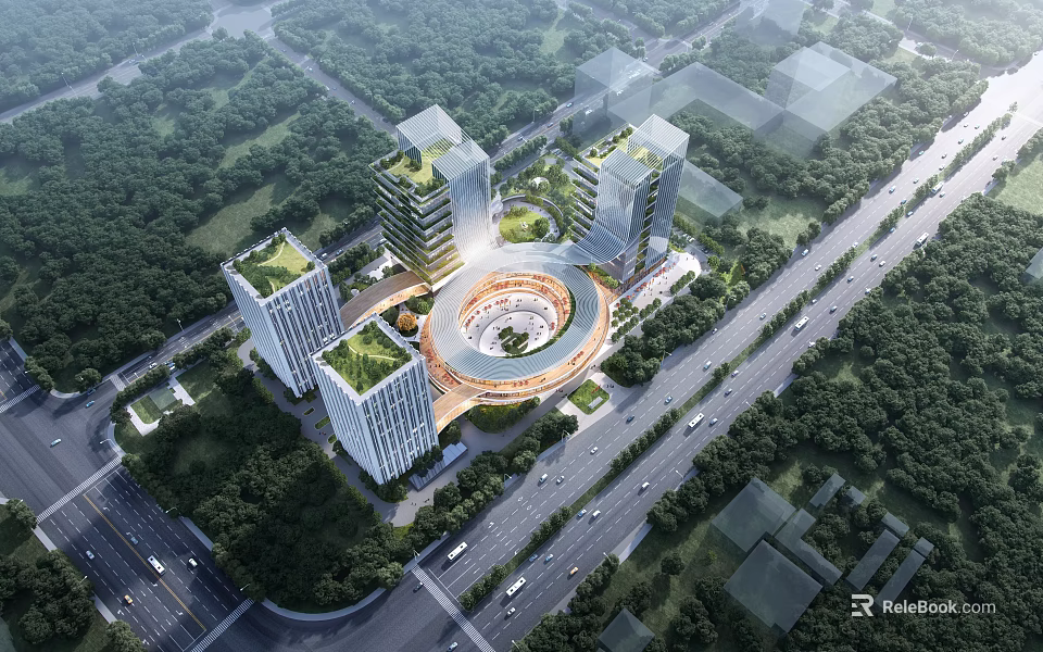 Aerial View Plan of Modern Urban Development With High Rise Buildings Circular Structure and Greenery 3d model 