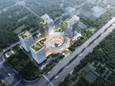 Aerial View Plan of Modern Urban Development With High Rise Buildings Circular Structure and Greenery 3d model