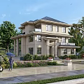 Two Story Detached Villa Exterior With Lush Garden Trees And Driveway Cars