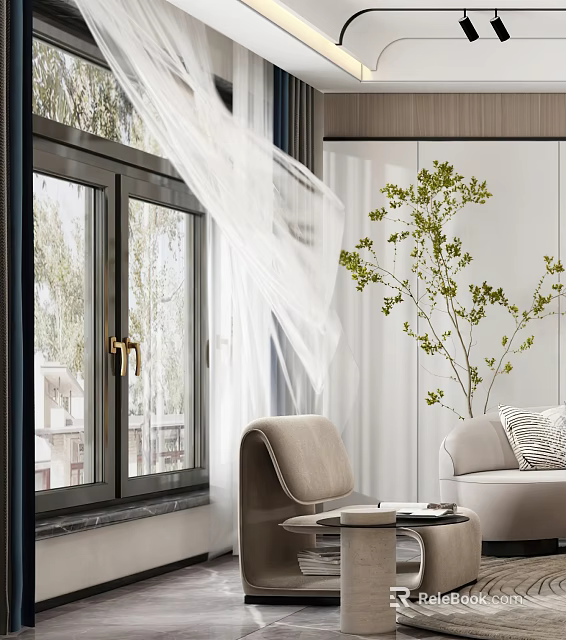 Modern Living Room Interior With Beige Leisure Chair White Curtain Green Plant And Side Table 3d model 