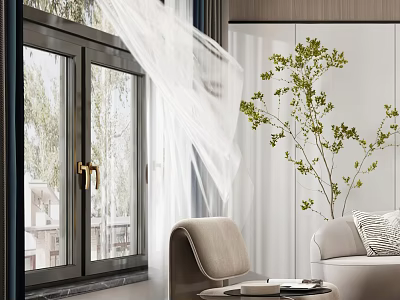 Modern Living Room Interior With Beige Leisure Chair White Curtain Green Plant And Side Table 3d model