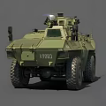 Military Green Armored Vehicle Featuring Large Tires Antenna And Observation Windows