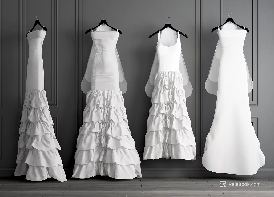 White Wedding Dresses Hanging On Hangers With Ruffled Layers And Tulle Details Against Grey Wall 3d model 
