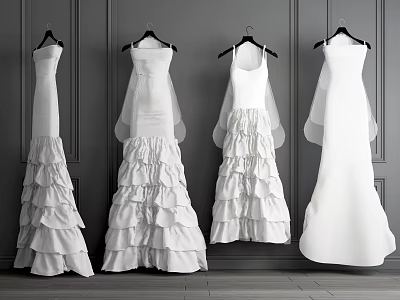 White Wedding Dresses Hanging On Hangers With Ruffled Layers And Tulle Details Against Grey Wall 3d model