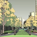 Urban Park Area With Tall Buildings Trees And Pavilion Where People Gather