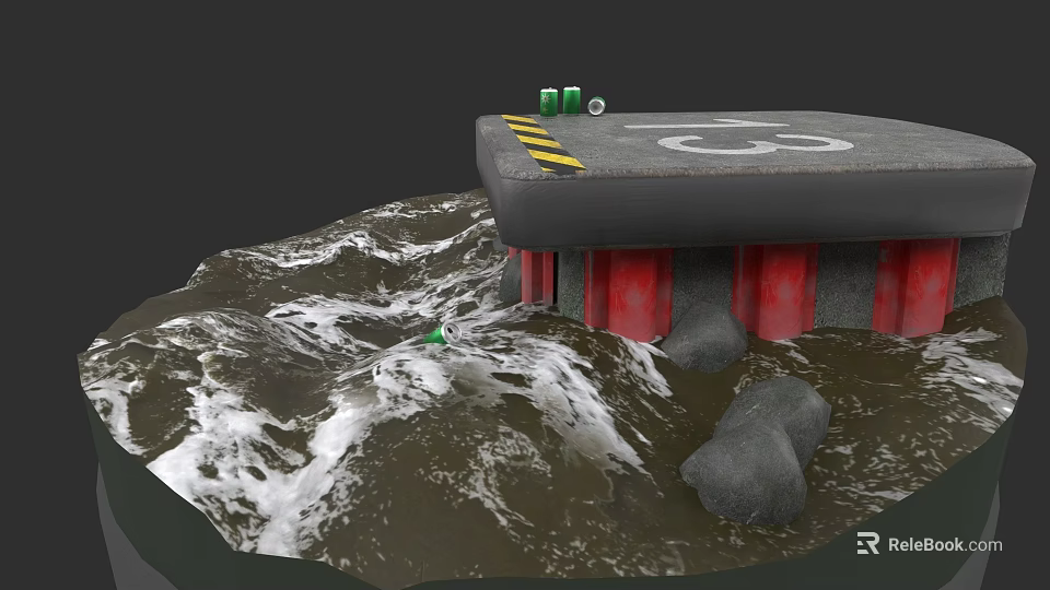Garden Landscape Water Feature with Wavy Water Platform Green Objects Red Supports and Stones 3d model 