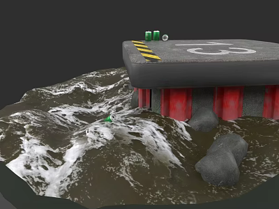 Garden Landscape Water Feature with Wavy Water Platform Green Objects Red Supports and Stones 3d model