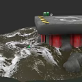 Garden Landscape Water Feature with Wavy Water Platform Green Objects Red Supports and Stones