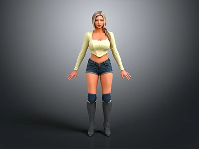 Fashionable Daily Living Items Yellow Long Sleeve Top Denim Shorts Knee High Boots 3d model