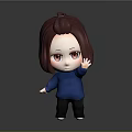 Cute Game Movie Character with Brown Hair Blue Sweater Waving Hand on Grey Background