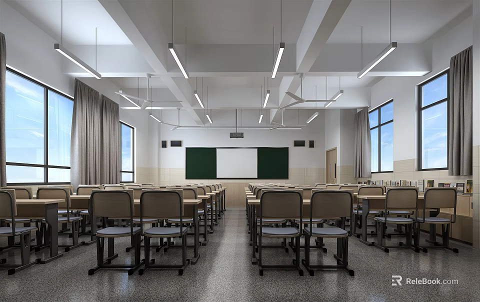 School Classroom With Neatly Arranged Desks Chairs Green Blackboard Whiteboard Large Windows And Strip Lights 3d model 