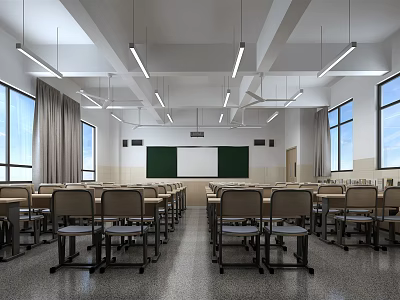 School Classroom With Neatly Arranged Desks Chairs Green Blackboard Whiteboard Large Windows And Strip Lights 3d model