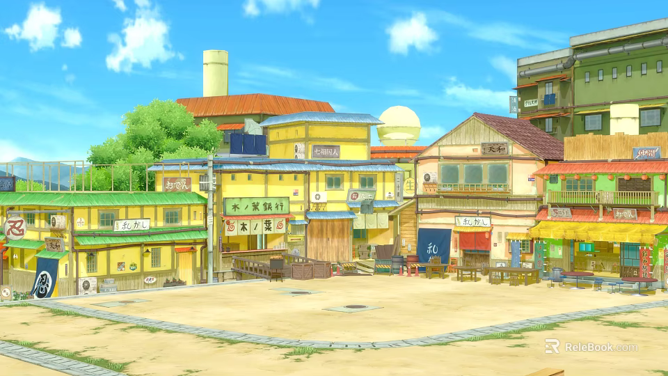 Colorful Traditional Buildings with Various Roofs Shop Signs Open Area Trees and Blue Sky 3d model 
