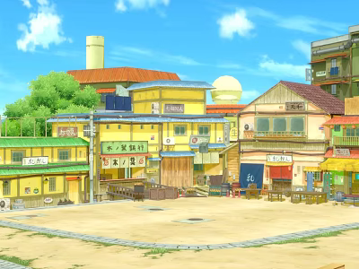 Colorful Traditional Buildings with Various Roofs Shop Signs Open Area Trees and Blue Sky 3d model