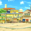 Colorful Traditional Buildings with Various Roofs Shop Signs Open Area Trees and Blue Sky