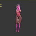 Red Haired Female Character In Black White Pink Outfit With Arms Crossed Against Gray Background