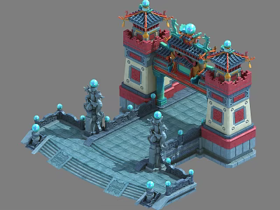 Chinese Traditional Gateway Design Featuring Towers Stone Statues Blue Decorative Balls And Steps 3d model