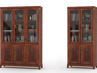 Traditional Wooden Bookcases With Glass Doors Books And Decorative Items For Home 3d model